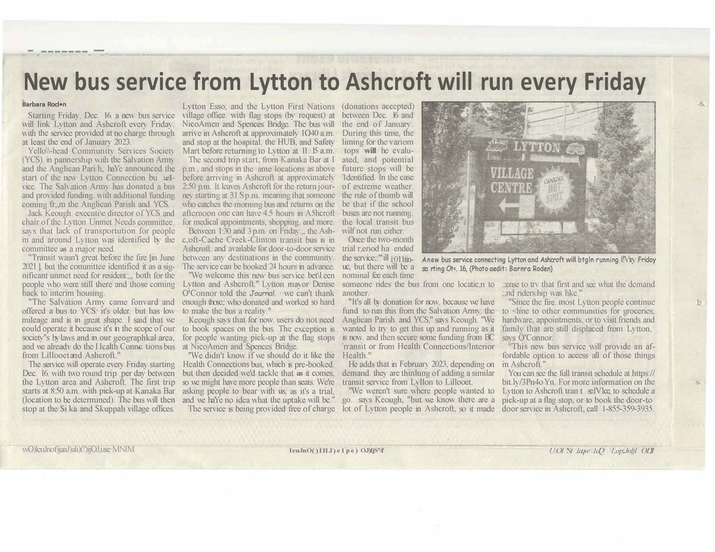Bus Service from Lytton to Ashcroft Lytton & Surrounding Reserves